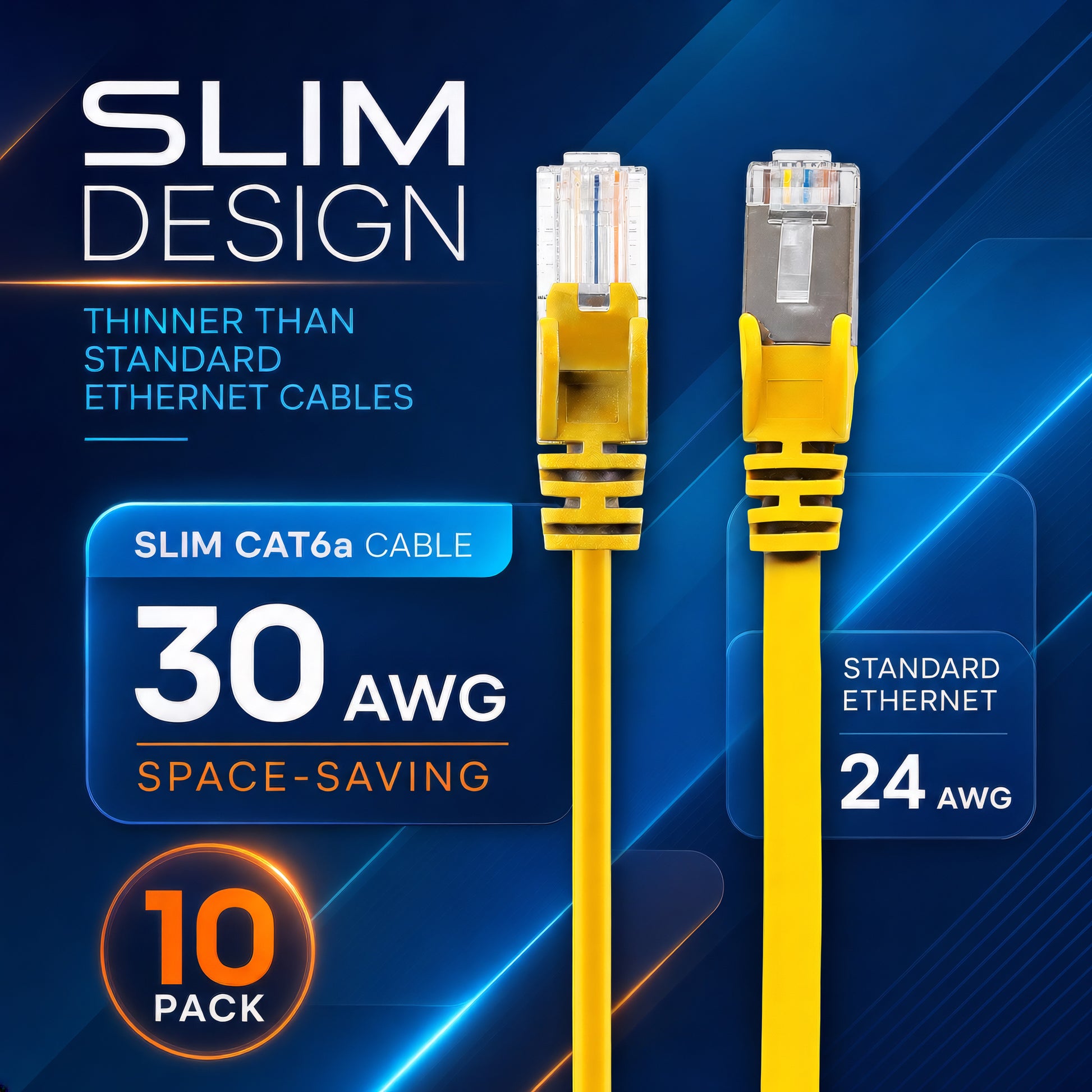 Cat6a U/UTP Slim Network Patch Cable, 3 ft., Yellow, 10-Pack Image 3