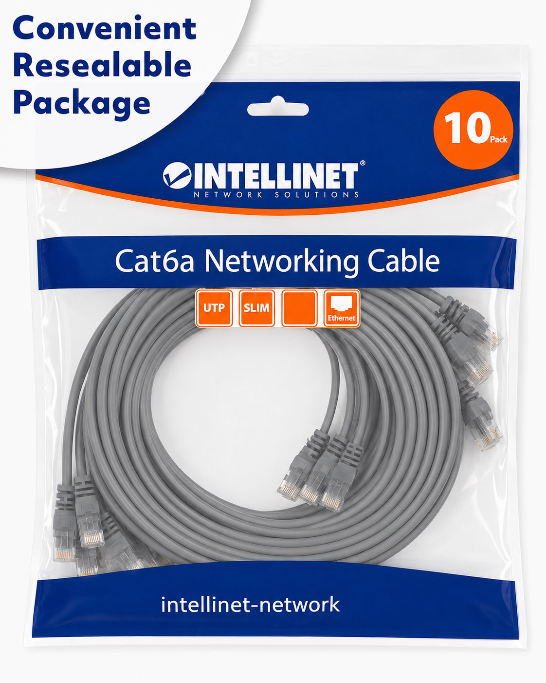Cat6a U/UTP Slim Network Patch Cable, 3 ft., Grey, 10-Pack Packaging Image 2
