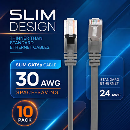 Cat6a U/UTP Slim Network Patch Cable, 5 ft., Grey, 10-Pack Image 3