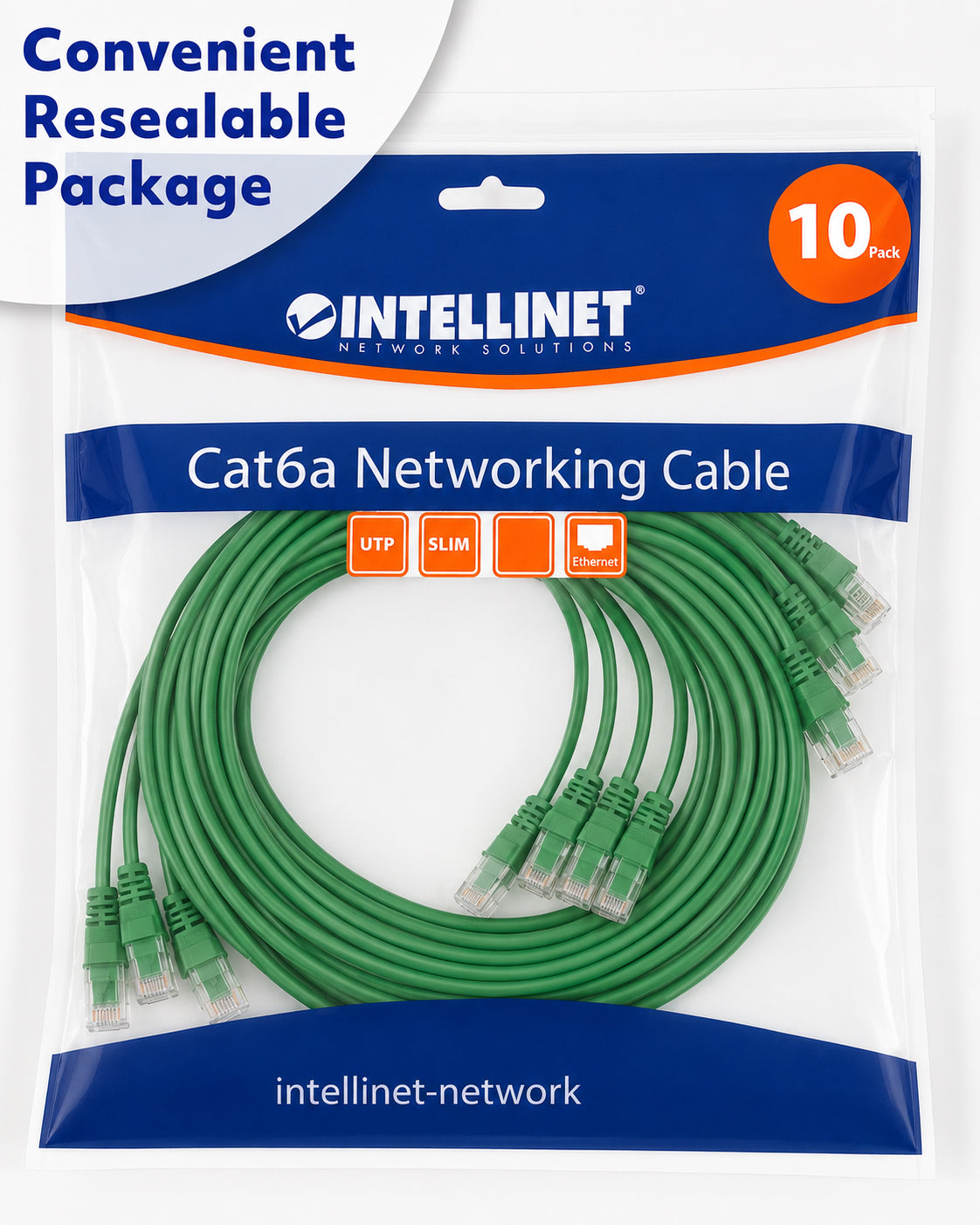 Cat6a U/UTP Slim Network Patch Cable, 10 ft., Green, 10-Pack Packaging Image 2