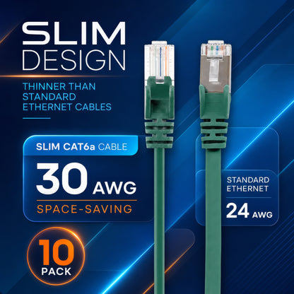 Cat6a U/UTP Slim Network Patch Cable, 10 ft., Green, 10-Pack Image 3