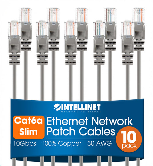 Cat6a U/UTP Slim Network Patch Cable, 10 ft., Grey, 10-Pack Image 1