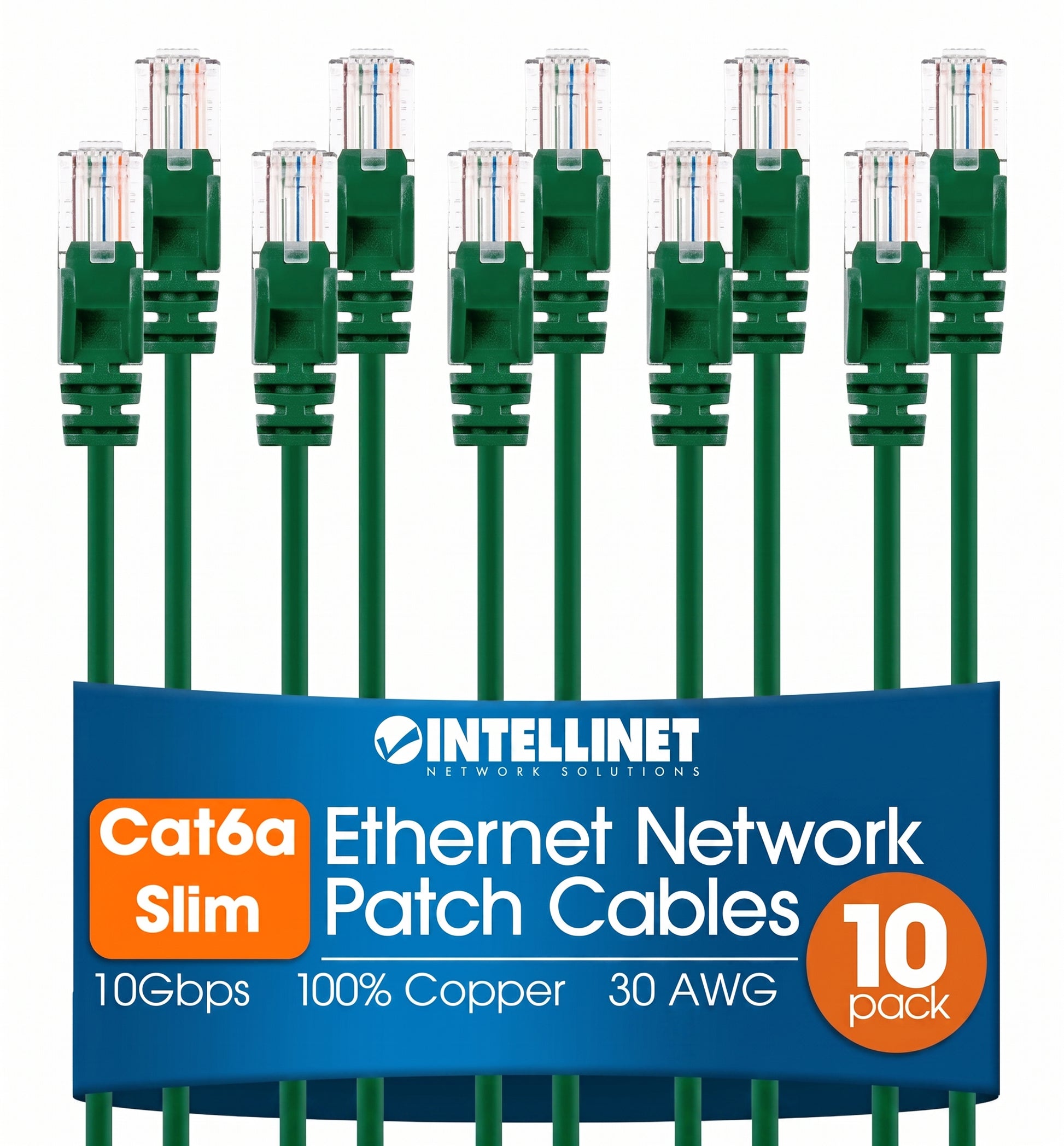Cat6a U/UTP Slim Network Patch Cable, 14 ft., Green, 10-Pack Image 1
