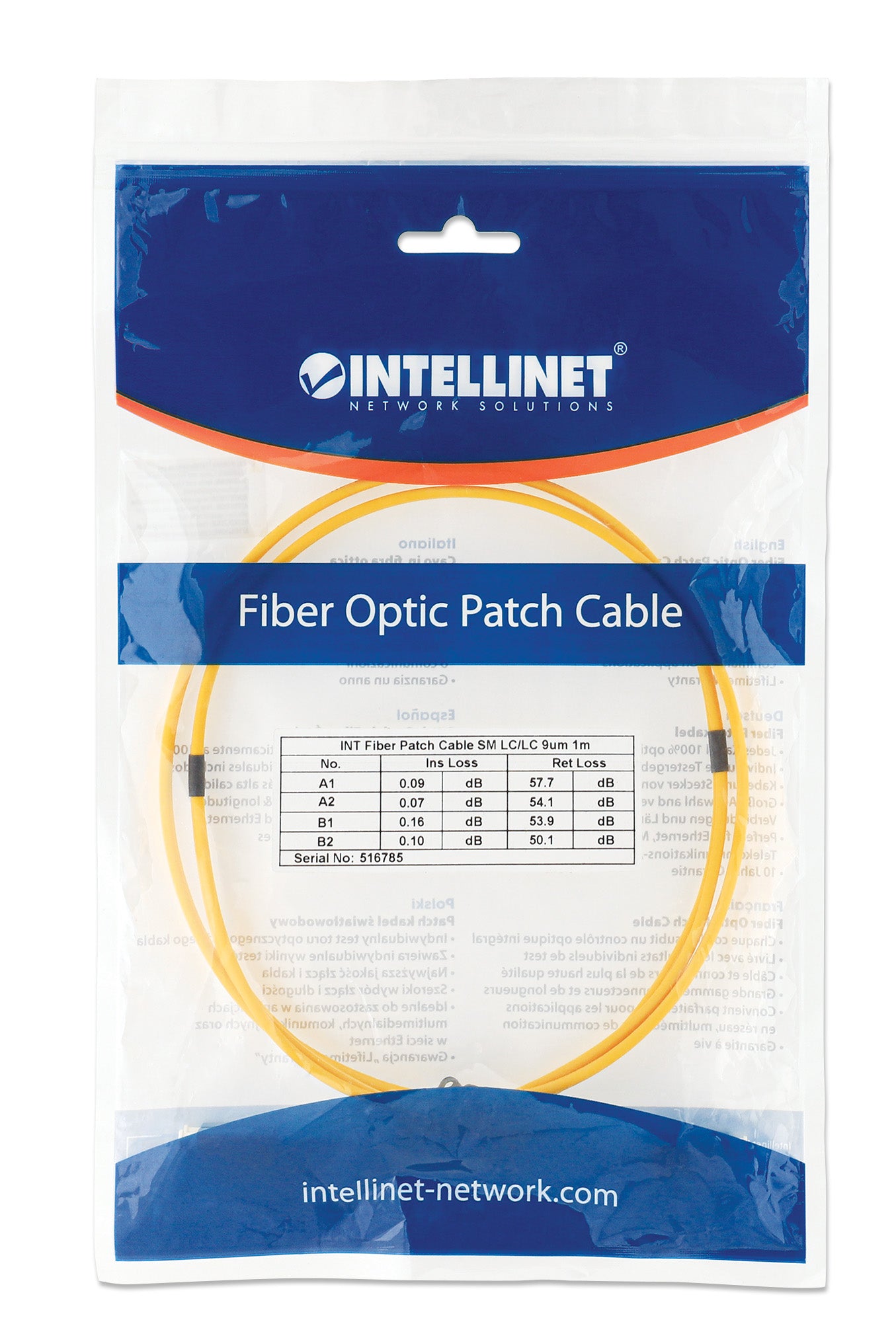 30 m LC to LC UPC Fiber Optic Patch Cable, 2.0 mm, Duplex, OFNR, Singlemode BIF, Yellow Packaging Image 2