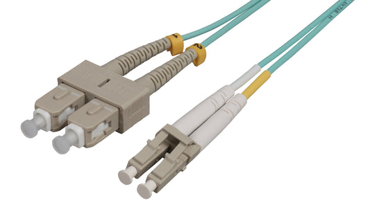 15 m LC to SC UPC Fiber Optic Patch Cable, 2.0 mm, Duplex, OFNR, OM3 Multimode, Aqua Image 1