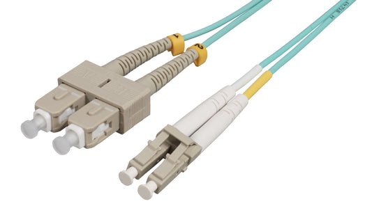 10 m LC to SC UPC Fiber Optic Patch Cable, 2.0 mm, Duplex, OFNR, OM4 Multimode, Aqua Image 1