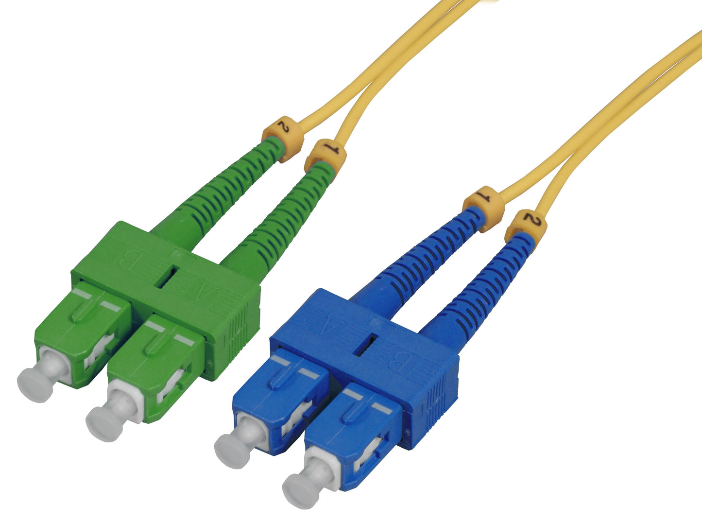 2 m SC UPC to SC APC Fiber Optic Patch Cable, 2.0 mm, Duplex, OFNR, Singlemode BIF, Yellow Image 1