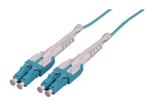 3 m LC to LC UPC Fiber Optic Patch Cable, Uniboot Pull-push tab, 2.0 mm, Duplex, OFNR, OM4 Multimode, Aqua Image 1