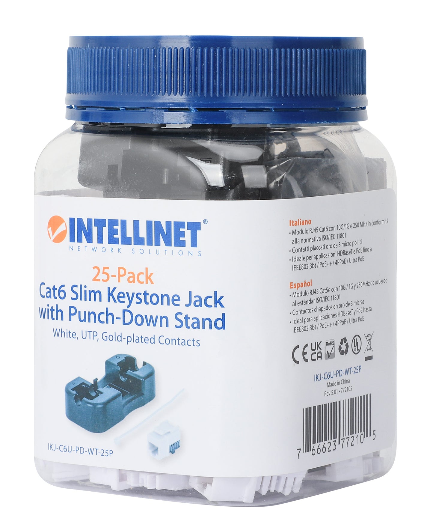 Cat6 Slim Keystone Jack with Punch-Down Stand, White, 25-Pack Packaging Image 2