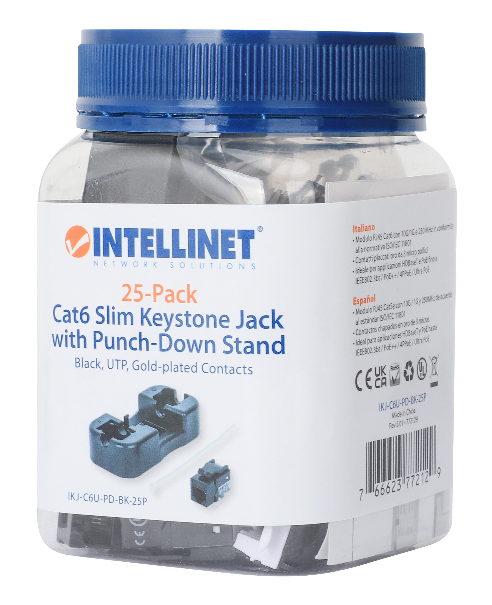 Cat6 Slim Keystone Jack with Punch-Down Stand, Black, 25-Pack Packaging Image 2
