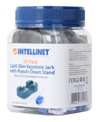 Cat6 Slim Keystone Jack with Punch-Down Stand, Blue, 25-Pack Packaging Image 2