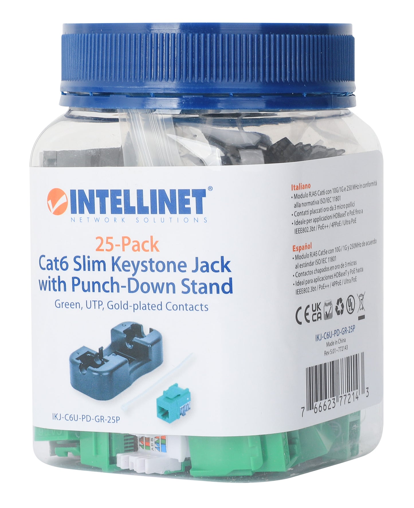 Cat6 Slim Keystone Jack with Punch-Down Stand, Green, 25-Pack Packaging Image 2
